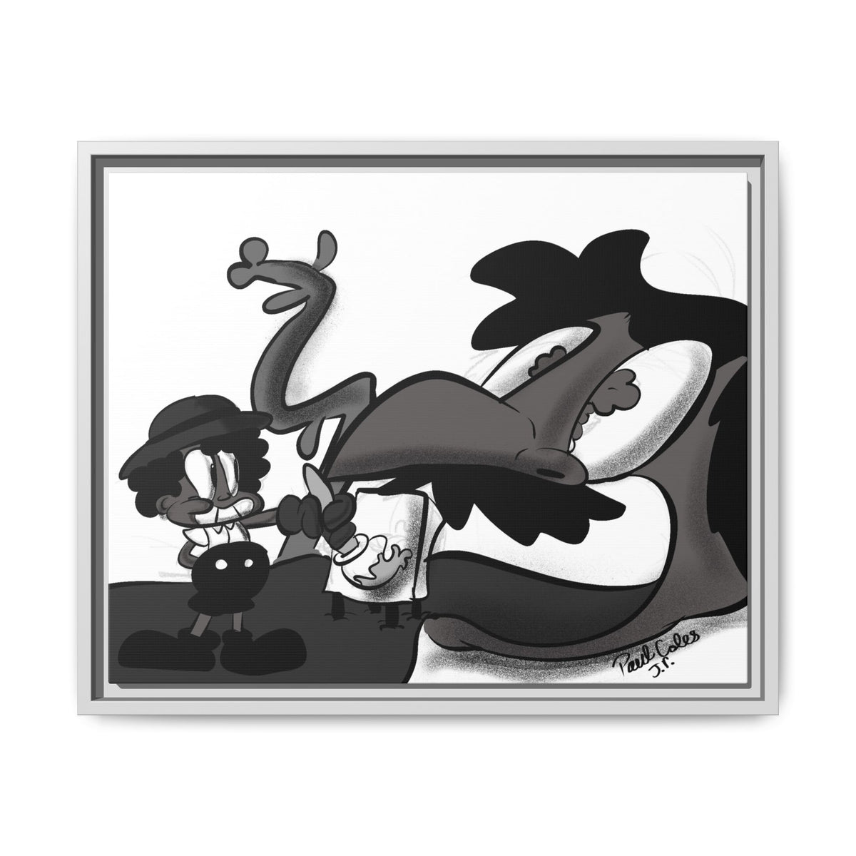 Jack & The Bean Stalk  Matte Canvas Framed Art — Monochrome Retro Character Print
